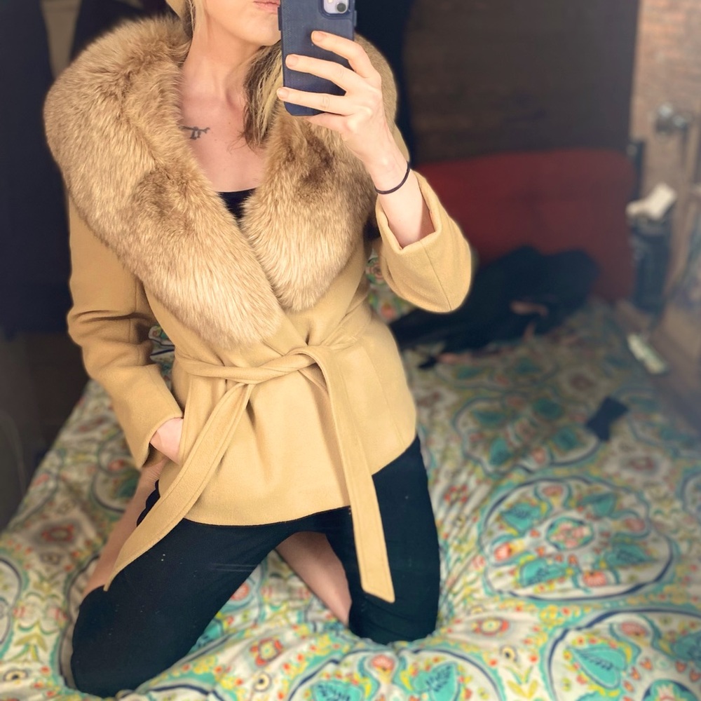 30% OFF BUNDLES! REAL FUR 100% CASHMERE TRENCHCOAT JACKET DUSTER COAT VINTAGE - Picture 5 of 16